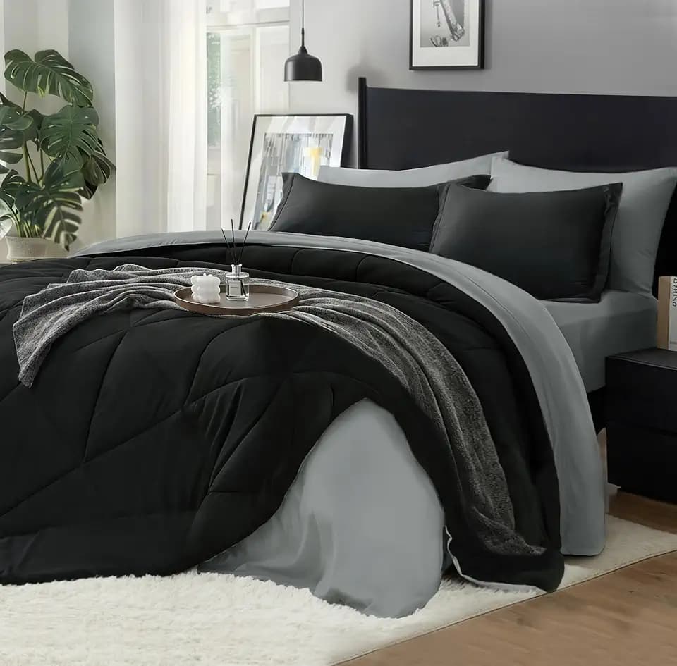 BEDELITE Queen Comforter Set 7 Pieces, Reversible Black Bed in A Bag