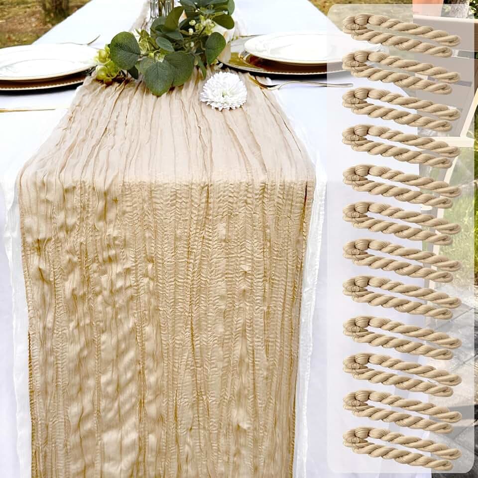 12 Pack Beige Cheesecloth Table Runner 22x120 Inch-Naturally Dyed Colors Sheer Gauze Cheese Cloth Wedding Brown Table Runner,Rustic Boho Crinkle Fabric, Reception, Bridal Shower,Farmhouse Dining Decor