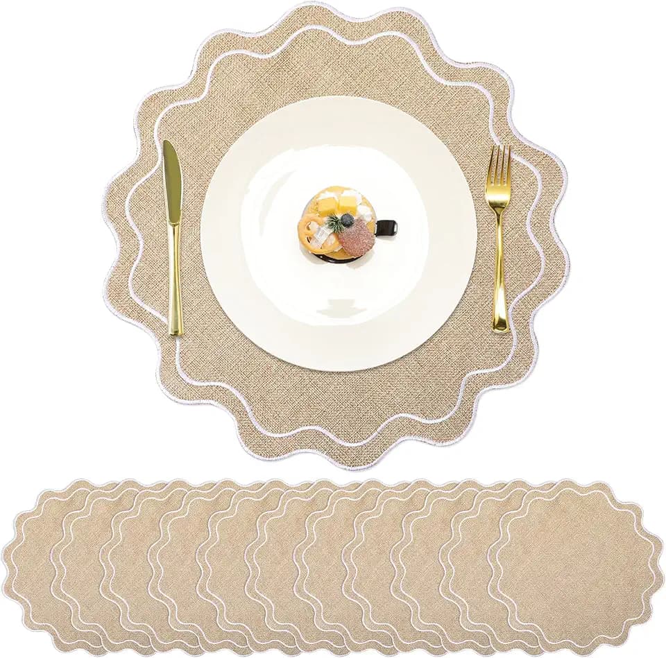 12 Pack Round Scalloped Cotton Linen Placemats 15x15, Solid, Linen White
