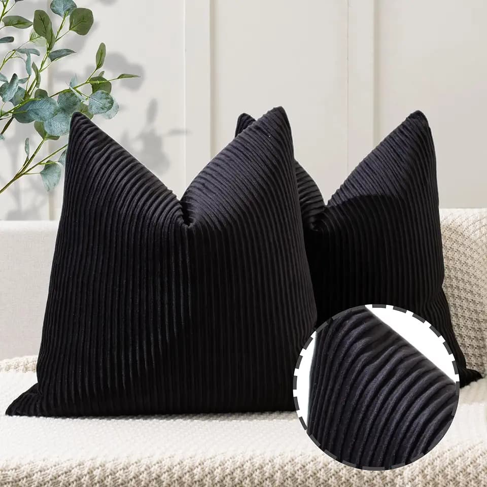 YCOLL Black Pillow Covers 20x20 Set of 2 Velvet Striped Pattern - Soft Throw Pillows for Home Decor, Luxury Decorative Pillow Covers for Couch, Bed,Living Room