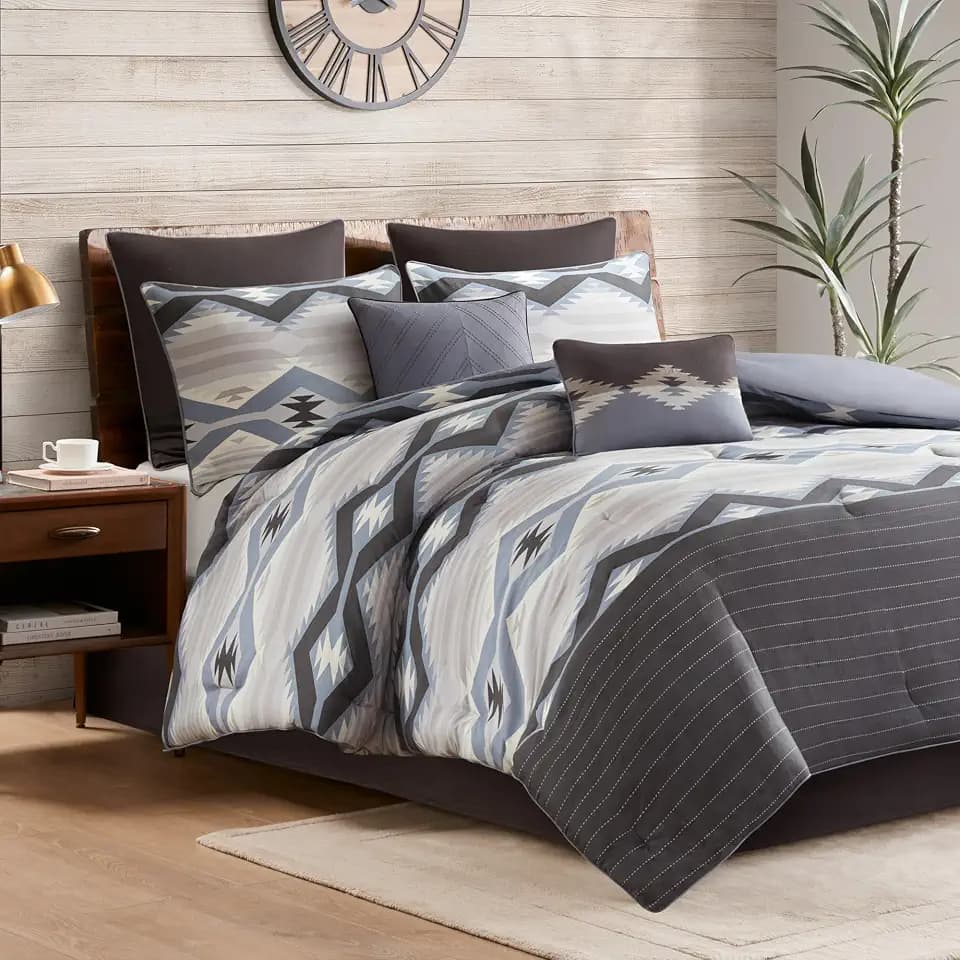 Woolrich Full Comforter Set, Southwestern Aztec 8 Piece Bedding Set, Oversized All Season Down Alternative Comforter with Shams, Euro Shams, Decorative Pillows & Bedskirt, Rustic Cabin, Blue