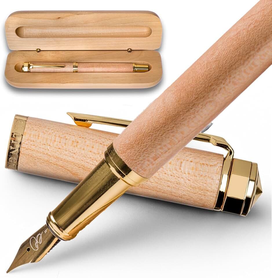 Ellington Pens Luxury Wood Fountain Pen Set – Medium Nib - Includes 6 Ink Cartridges, Wooden Pen Gift Box, Ink Converter - Wood Pen For Writing, Calligraphy, Journaling, Drawing (Maple Harmony)