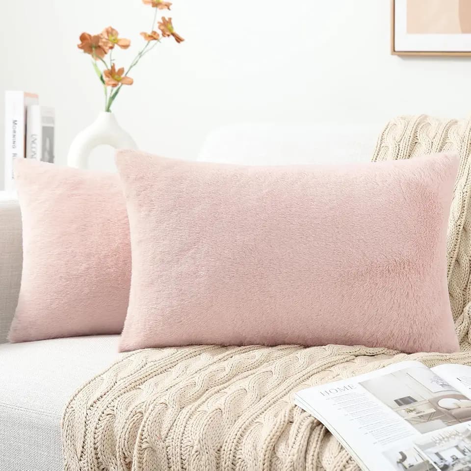 Pallene Faux Fur Decorative Throw Pillow Covers 12x20 Set of 2, Blush Pink