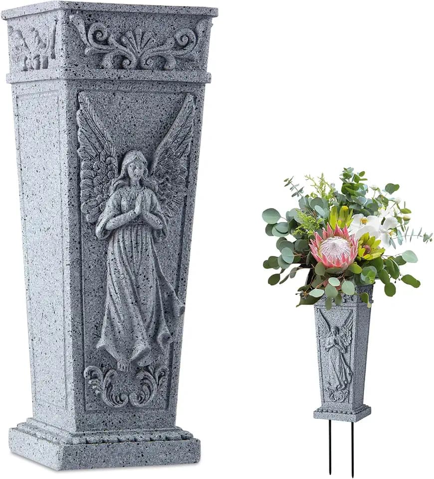 Cemetery Flowers Vase with Spike, Memorial Grave Vase Resin Flowers Holder for Headstone, Grave, Cemetery, Garden, Lawn, Yard Decorations (1pc, Grey)