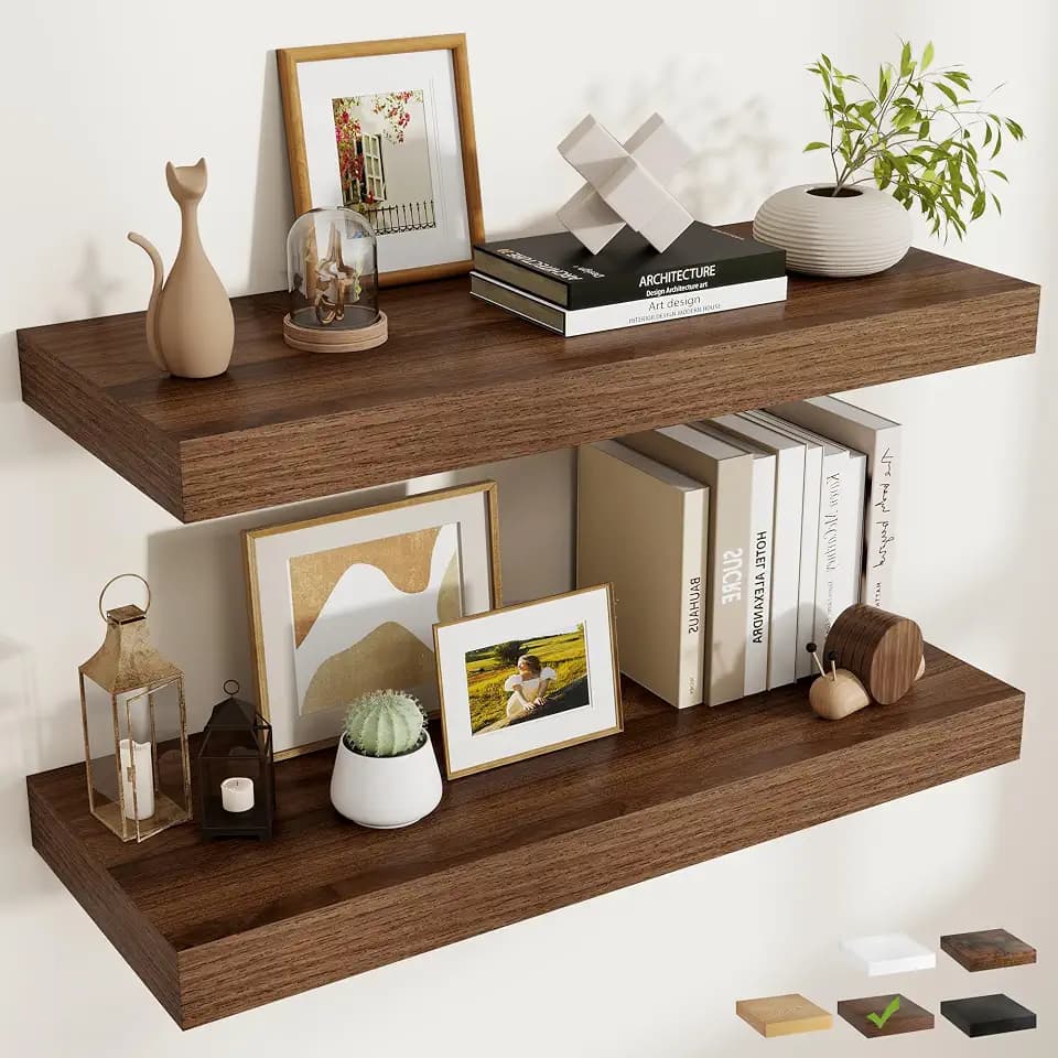 FLYJOE 36 Inch Long Floating Shelves for Wall Set of 2, 12" D Wood Grain Bathroom Shelves with Invisible Brackets, Easy Install Engineered Wood Storage Shelves for Kitchen, Living Room, Bedroom