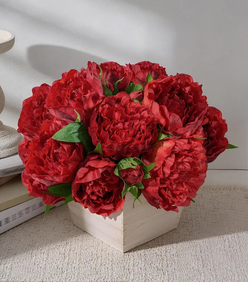 Artificial Hydrangea Flowers Arrangement in Wood Planter, 4PCS Fake Flowers in Wooden Vase Potted Floral Centerpieces for Tables Living Room Home Office Kitchen Decor (Red Peony)