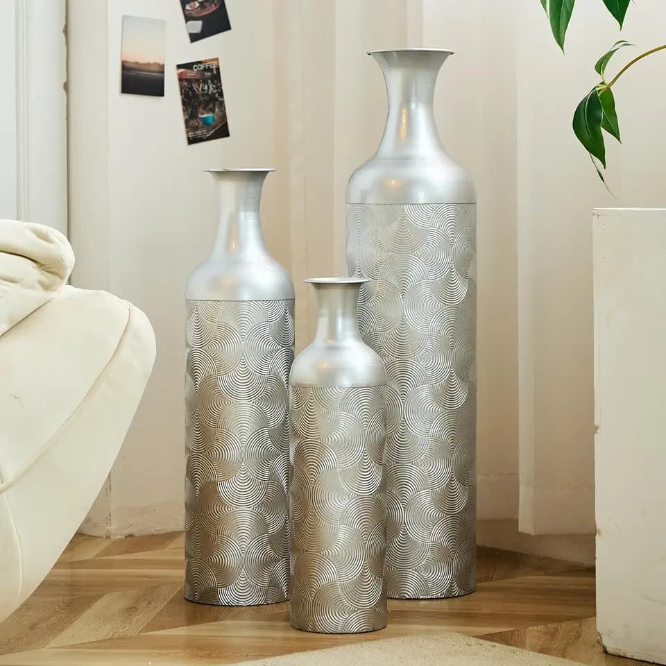 GDFStudio Set of 3 Silver Metal Floor Vases, 32.68" 25.98" 19.69" Tall Modern Cylinder Vases with Wave Pattern, Decorative Standing Vases for Living Room, Entryway, Office Home Decor