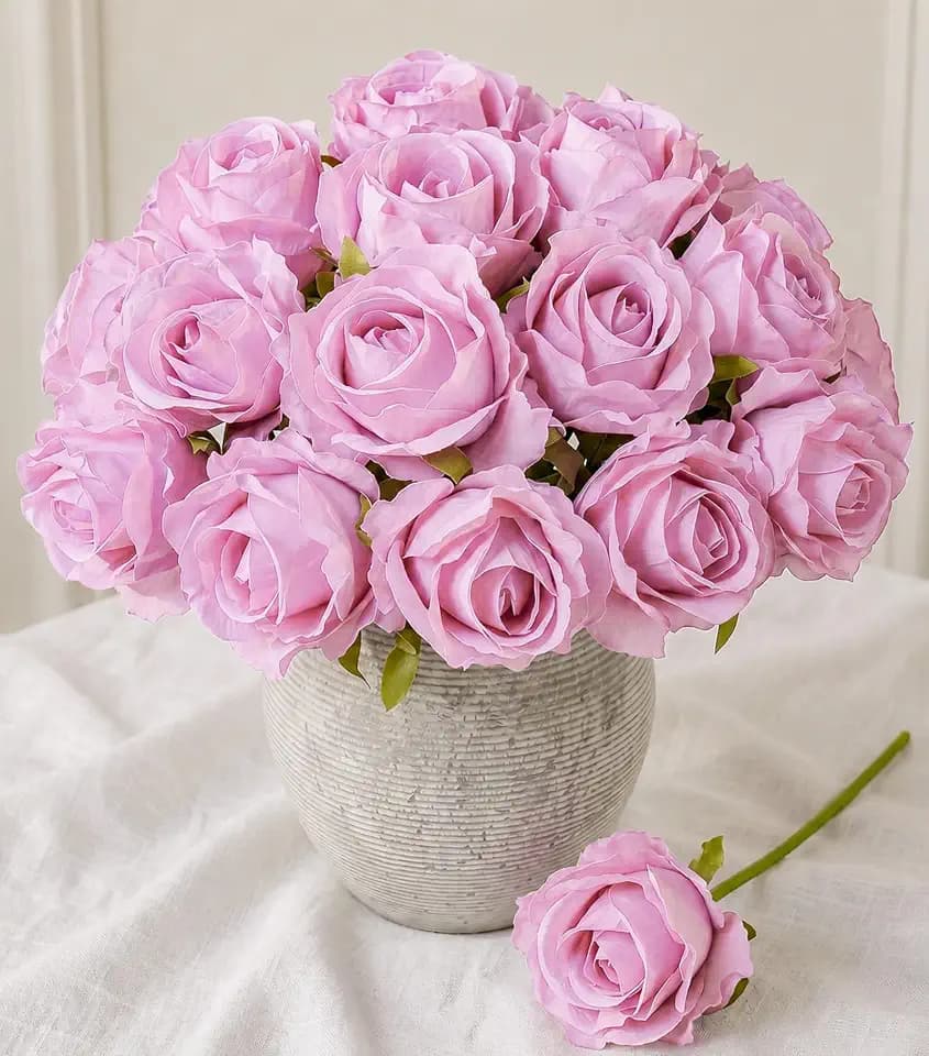 Ivydale 18pcs Pink Roses Artificial Flowers, Fake Roses Silk Flowers with Stems Realistic Bouquet for Wedding Party Home Decoration DIY Centerpiece Floral Romantic Gifts