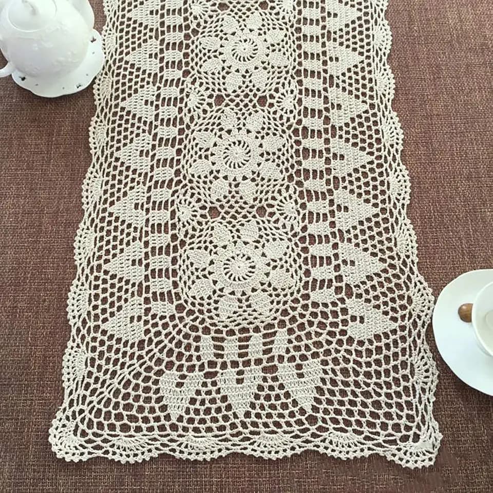 Beige Handmade Crochet Doilies Cotton Table Runner Lace Doilies Doily Rectangle Dresser Scarves for bedrooms ,16 by 24 Inches.