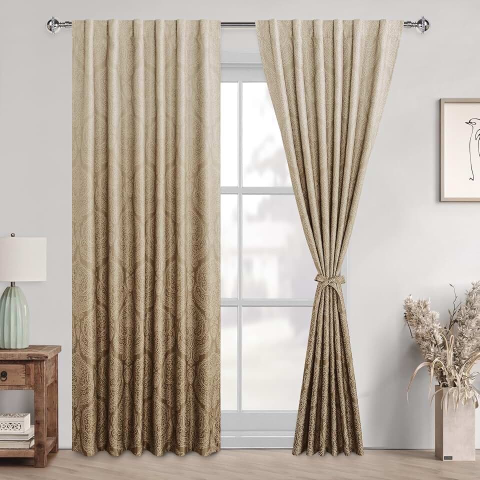 DWCN Room Darkening Curtains 84 inches Length - Back Tab Ombre Damask Patterned Tieable Window Drapes Thermal Insulted Light Blocking Curtains for Bedroom, Living Room, 2 Panels, W52 x L84, Taupe