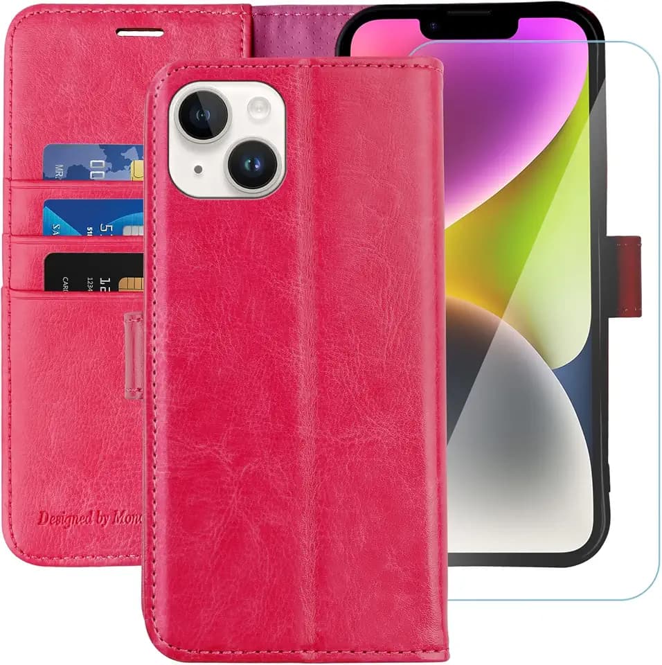 MONASAY Wallet Case for iPhone 14/13 with 3 Card Holders - Hot-Pink