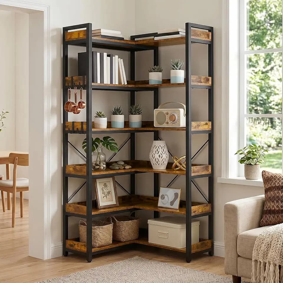 GTPLAYER 6-Tier Corner Bookshelf, L-Shaped Metal Frame Shelf with Tall 14" Shelves, Plant Stand and Storage Rack for Small Spaces, Living Room and Home Office, Vintage Brown