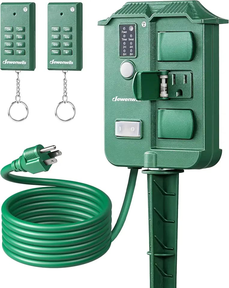 DEWENWILS Outdoor Power Stake Timer, Dusk to Dawn Timer with 2 Remotes