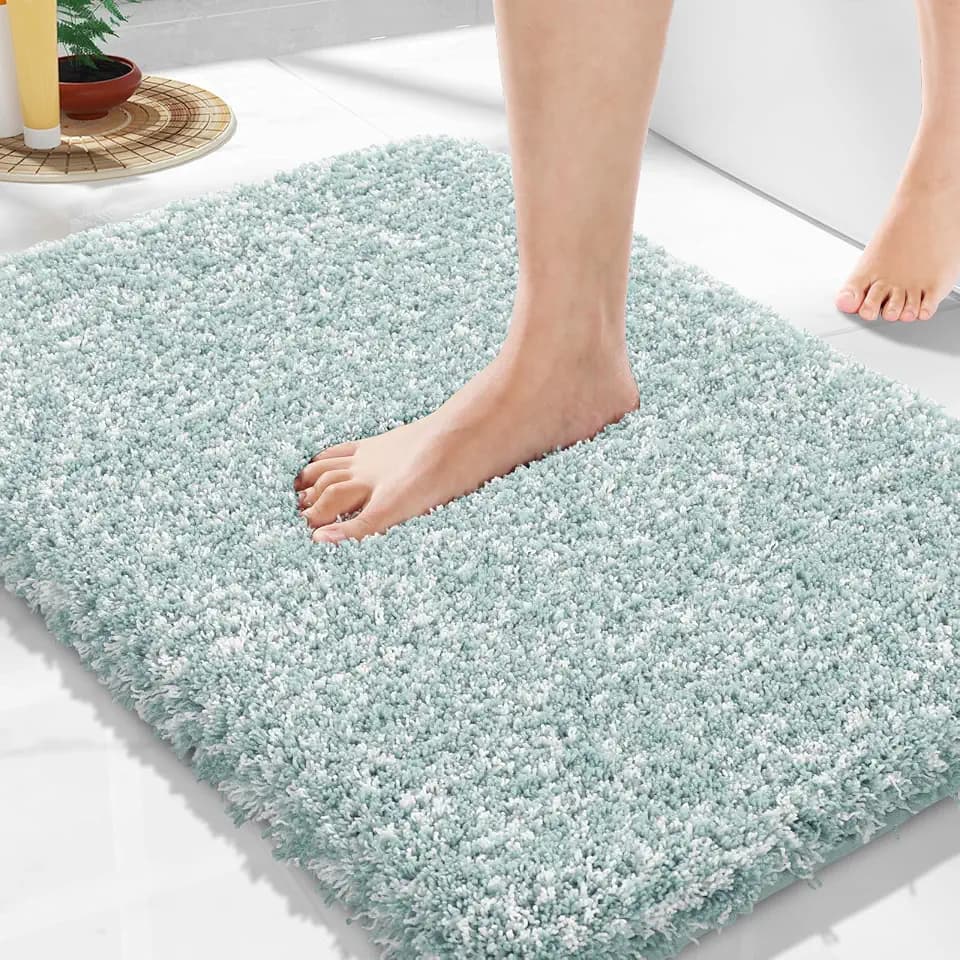 Bathroom Rugs Non Slip Washable 24X17, Small Bath Mat, Light Blue&White