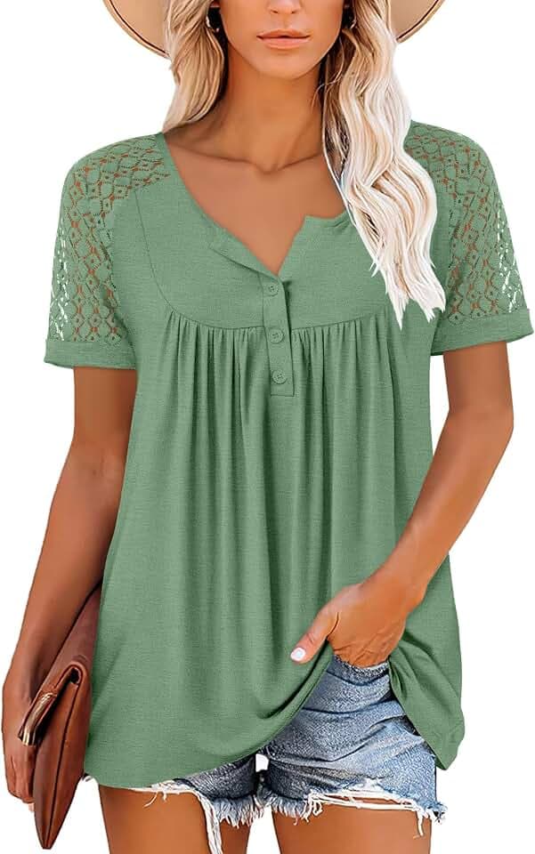 Mystry Zone Womens Henley V Neck Casual Blouse Button Down T Shirts Flare and Flowy Tops
