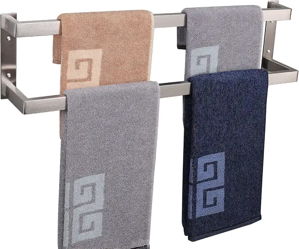 NearMoon Bathroom Towel Bar, Towel Rod Holder, Square Shelf Rack Hanging Towel for Bath, Thicken SUS304 Stainless Steel Towel Rack Wall Mounted-2-Tier Bath Accessories (24 Inch, Brushed Nickel)