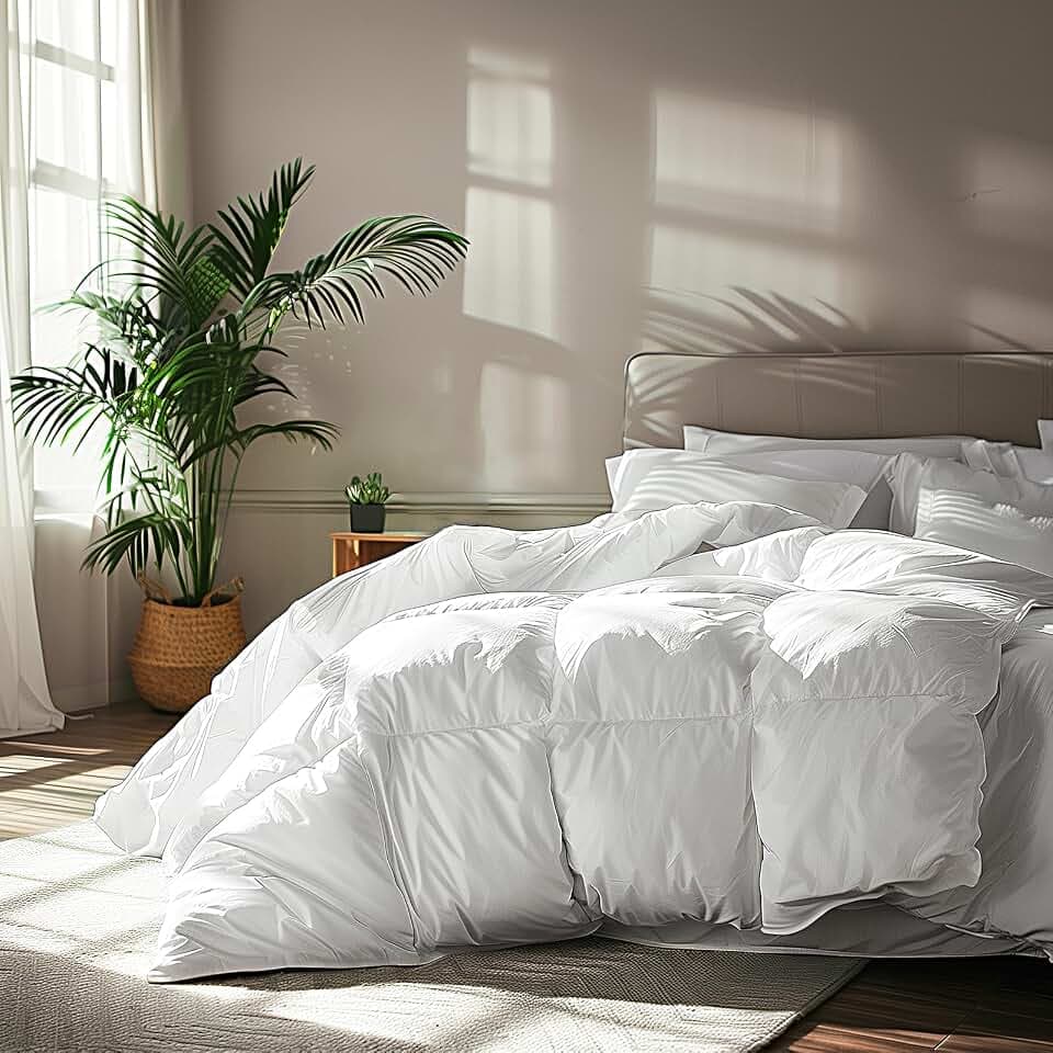 Serta Goose Feather Down Fiber Comforter Queen Size - 100% Cotton Cover Duvet Insert - Hotel Luxury Hypoallergenic Bedding Comforter Light Warmth 90 x 90 Inch White