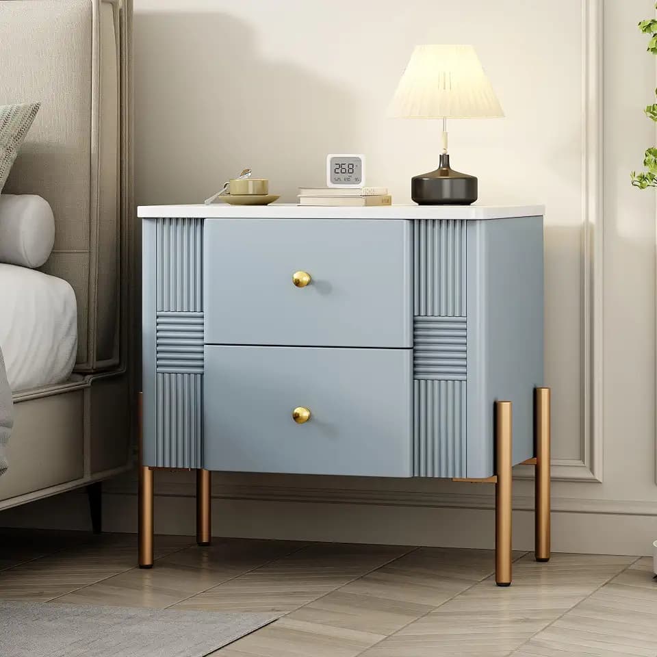 Christopher Knight Home Canyon Modern Nightstand with Golden Metal Handles and Legs, Bedside Table/End Table for Bedroom/Living Room, Multipurpose Storage Cabinet with 2 Drawers, Blue
