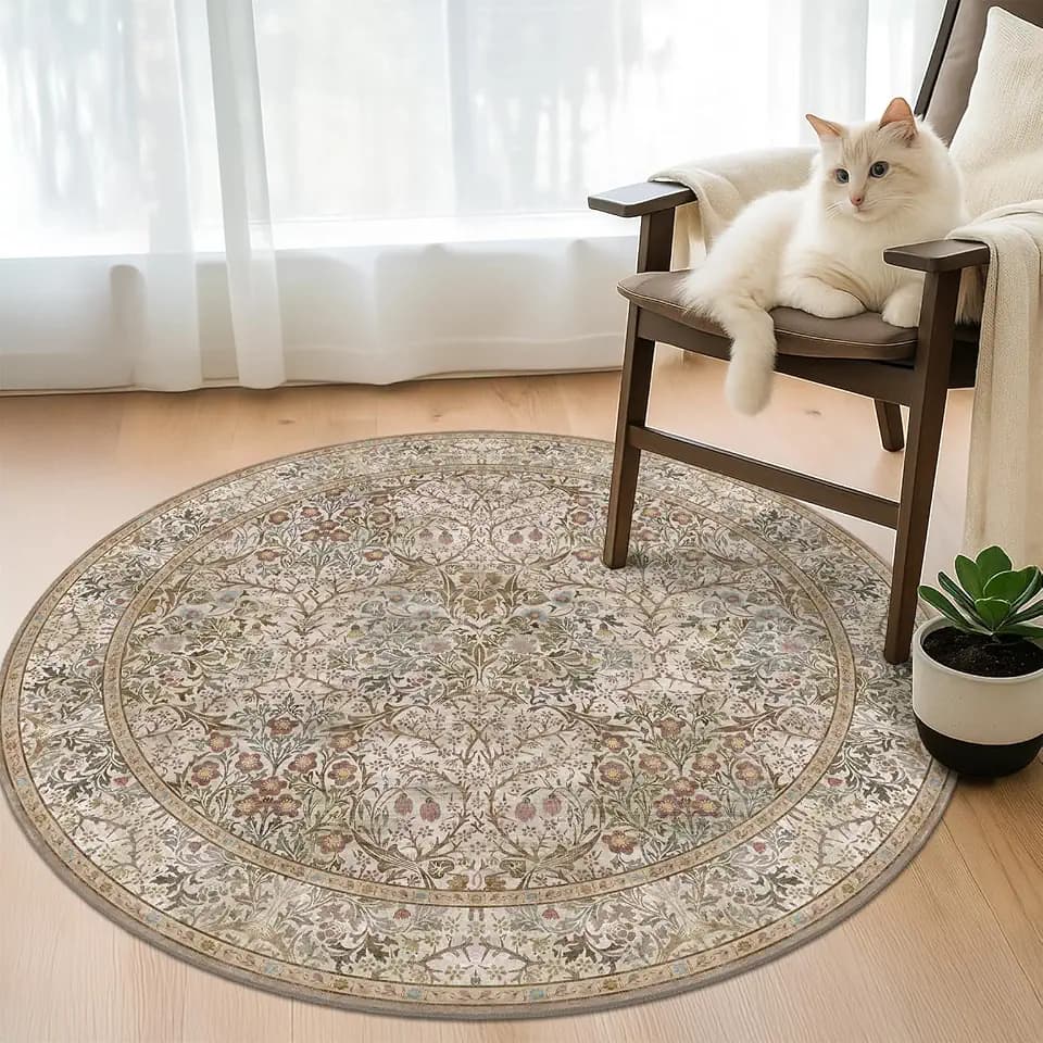 Boho 4ft Circle Area Rugs for Living Room, Oriental Floral Style Round Rug for Kitchen, Bedroom Beside Bed - Non Slip with Rubber Backing, Washable Low Pile Stain Resistant Carpet (Moss Green)