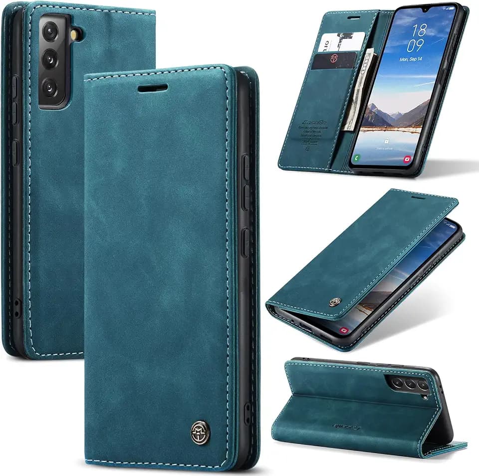 Handyhülle für Samsung Galaxy S21 5G Hülle Premium Lederhülle Flip Case Magnet Tascher Kartenfach Standfunktion Klapphülle Schutzhülle für Samsung Galaxy S21,Blaugrün