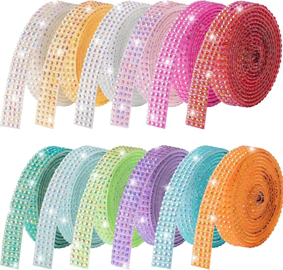12-Yard Bedazzling Strips, 12-Roll Rhinestone Strips for DIY Craft, Rhinestone Ribbon Self Adhesive, Bedazzling Kit for DIY Craft, Rhinestones for Crafting Art Decoration