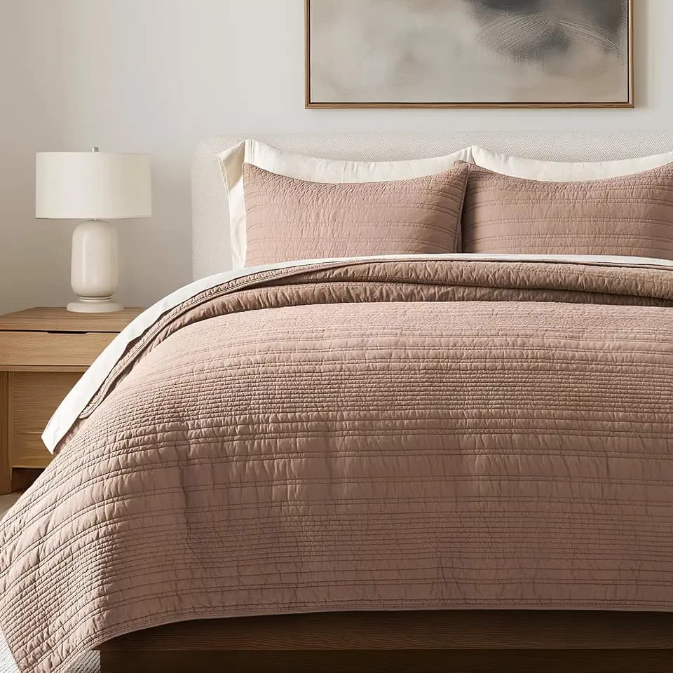 EVERGRACEHOME 100% Cotton Modern Lines Quilt Set King Size, Rose Dust