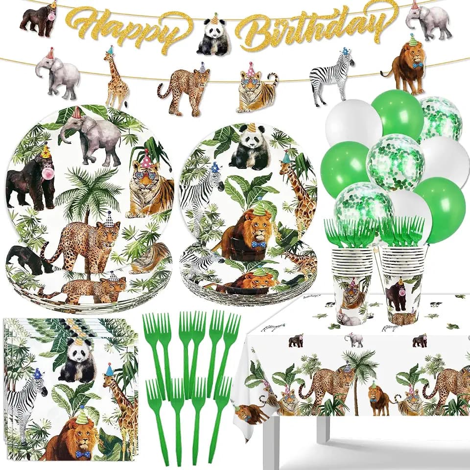Jungle Theme Safari Birthday Party Decorations, Wild Animal Plates and Napkins for Boy Kids Jungle Dinnerware with Cups Tablecloth Banner and Balloons for Zoo Theme Birthday Decorations,Serve 20