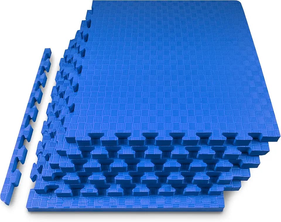 ProsourceFit Exercise Puzzle Mat 1-inch, Checkered EVA Foam Floor Tiles w/Non-Slip Texture, Interlocking Design for Adjustable Gym Surfaces, Shock Absorbing, Blue, 24 SQ FT - 6 Tiles