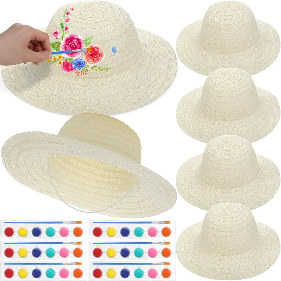 Chicingyou DIY Straw Hat Bulk Tea Party Cap Handmade Beach Sun Hat with Paints Brushes Arts Crafts Gifts for Adults Women Men