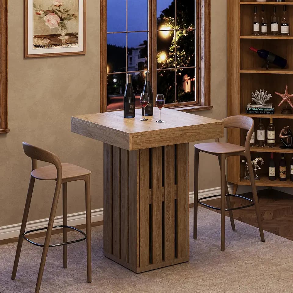 LITTLE TREE Bar Table, 39.76" High Square Pub Table with Base for Small Space, Farmhouse Bistro Furniture for Dining Coffee Cocktail Living Room, Brown