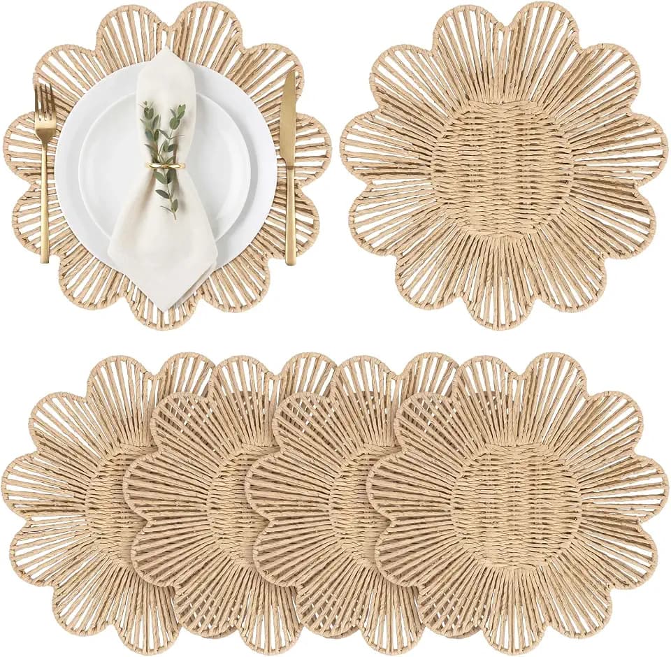 4 Pcs 12.6 Inch Paper Rope Round Woven Rattan Flower Placemats