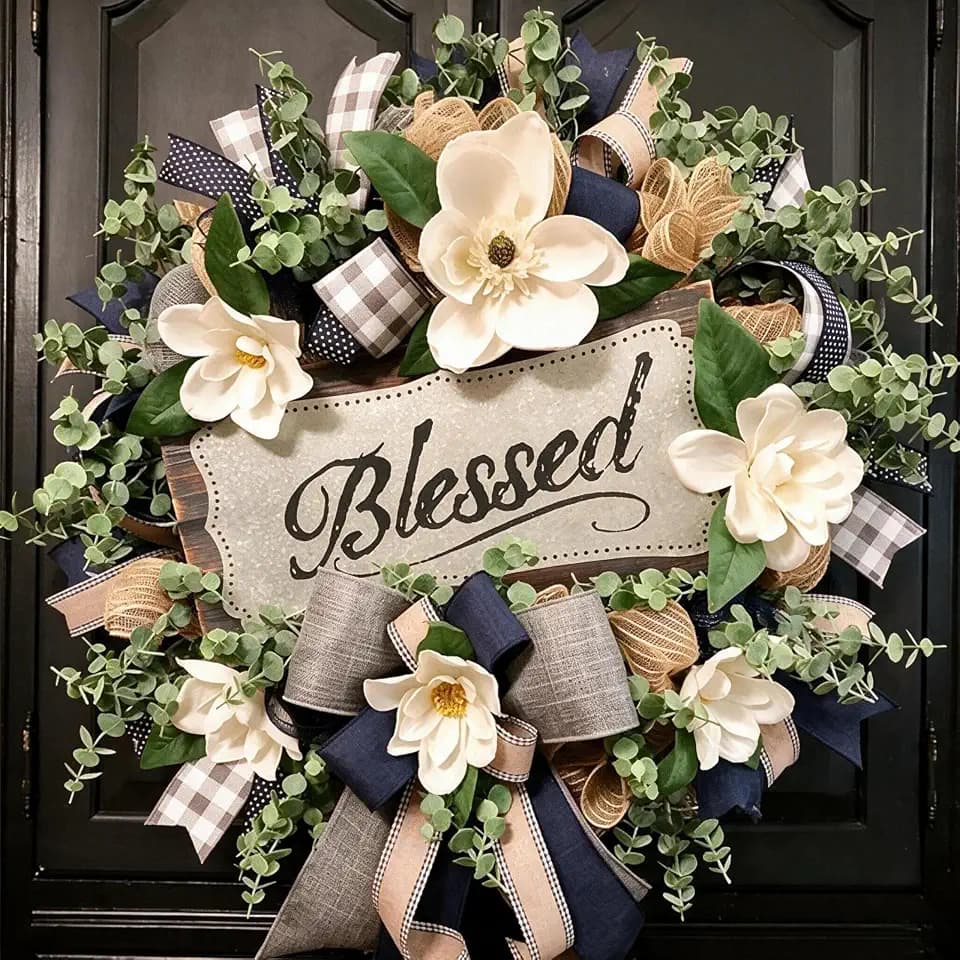 Spring Summer Wreath for Front Door,Farmhouse White Floral Porch Decor