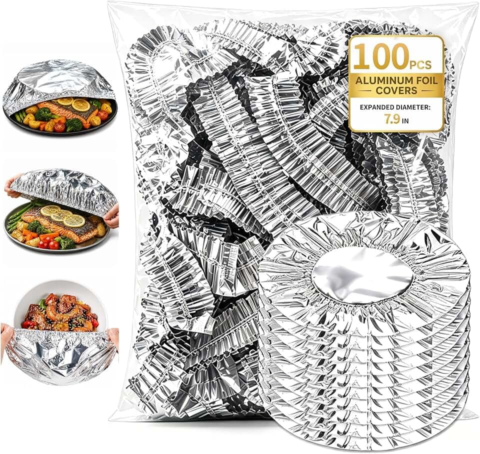 100pcs Reusable Aluminum Foil Food Covers, 7.9in Elastic Foil Bowl Covers, Insulated Aluminum Lids for Bowls Plates,Heat Retaining Food Cover for Kitchen Meal Prep Leftovers BBQ Parties Food Storage