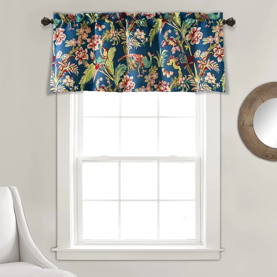 Lush Decor Dolores Light Filtering Valance Curtains Single, 52" W x 18" L Navy & Multi -Valances for Windows - Vintage Valance Floral - Coquette Decor