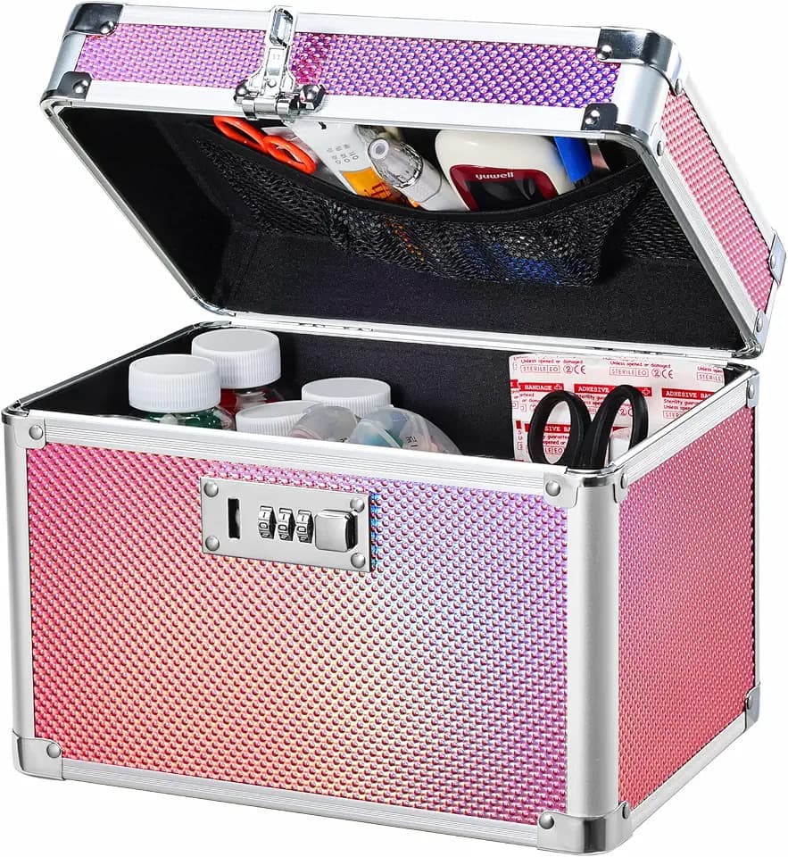 Medicine Lock Box with 3-Digit Combination Lock – Pink Lockable Storage Box for Medication, Small Lock Box for Valuables, 10"x7"x7.9" Locking Medicine Box for Home Travel Dorm