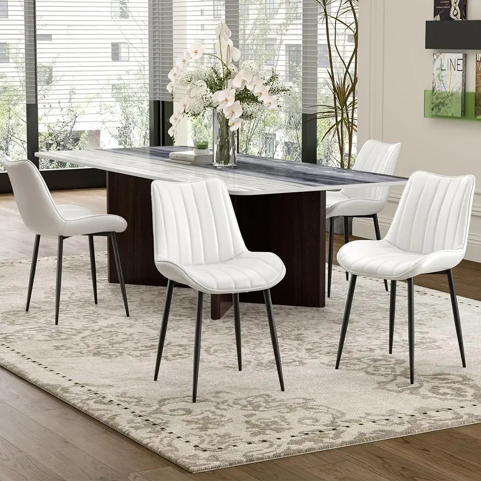 VECELO Dining Chairs Set of 4, Vegan Leather Fabric & Metal Frame, Mordern Style for Kitchen, Living Room,Offcie,White
