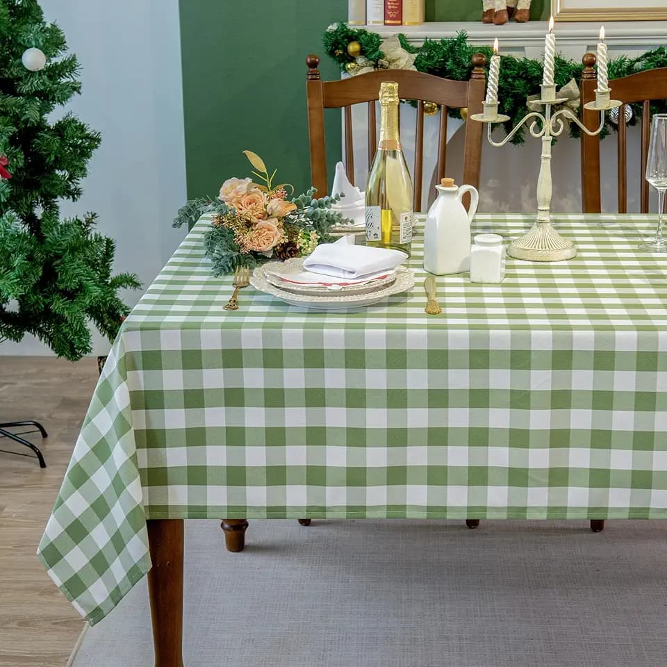 Green and White Gingham Tablecloth, Spring Plaid Waterproof Table Cover for St Patrick's Day, Indoor Dining, Kitchen Table, Garden Picnic, Washable Rectangle Tablecloth, W60 x L84 in