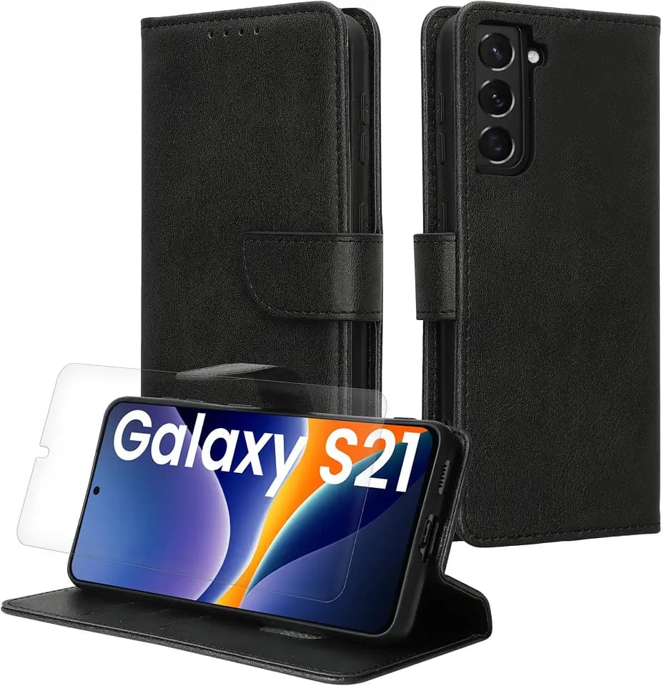 kwmobile Kunstleder Handyhülle kompatibel mit Samsung Galaxy S21 Hülle - Brieftaschen Schutzhülle aus PU-Leder mit Displayschutz und RFID-Schutz - Schwarz