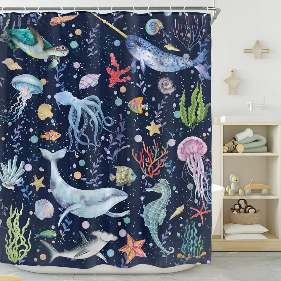 Kids Ocean Shark Whale Fish Jellyfish Turtlr Bathroom Shower Curtain Set