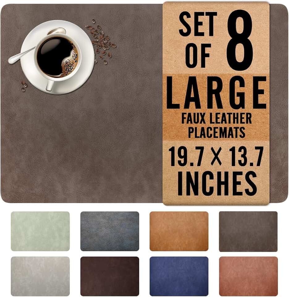 UnivoColors Washed Cowhide Pattern Faux Leather Big Size Placemats Set of 8, Waterproof Easy to Clean Anti-Slip PU Table Mats for Party Decoration19.7″×13.6″,Dark Brown Retro Cowhide Pattern