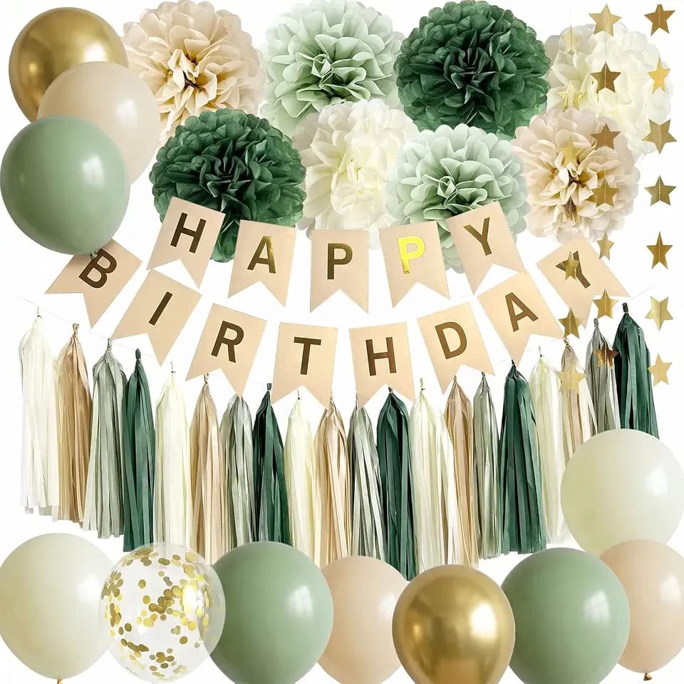 ANSOMO Sage Green Happy Birthday Party Decorations Retro Green Nude Ivory Dark Olive Kraft Paper Banner Balloons Neutral Rustic Boho Blush Safari Botanical Greenery Wild Décor Supplies Women Adults