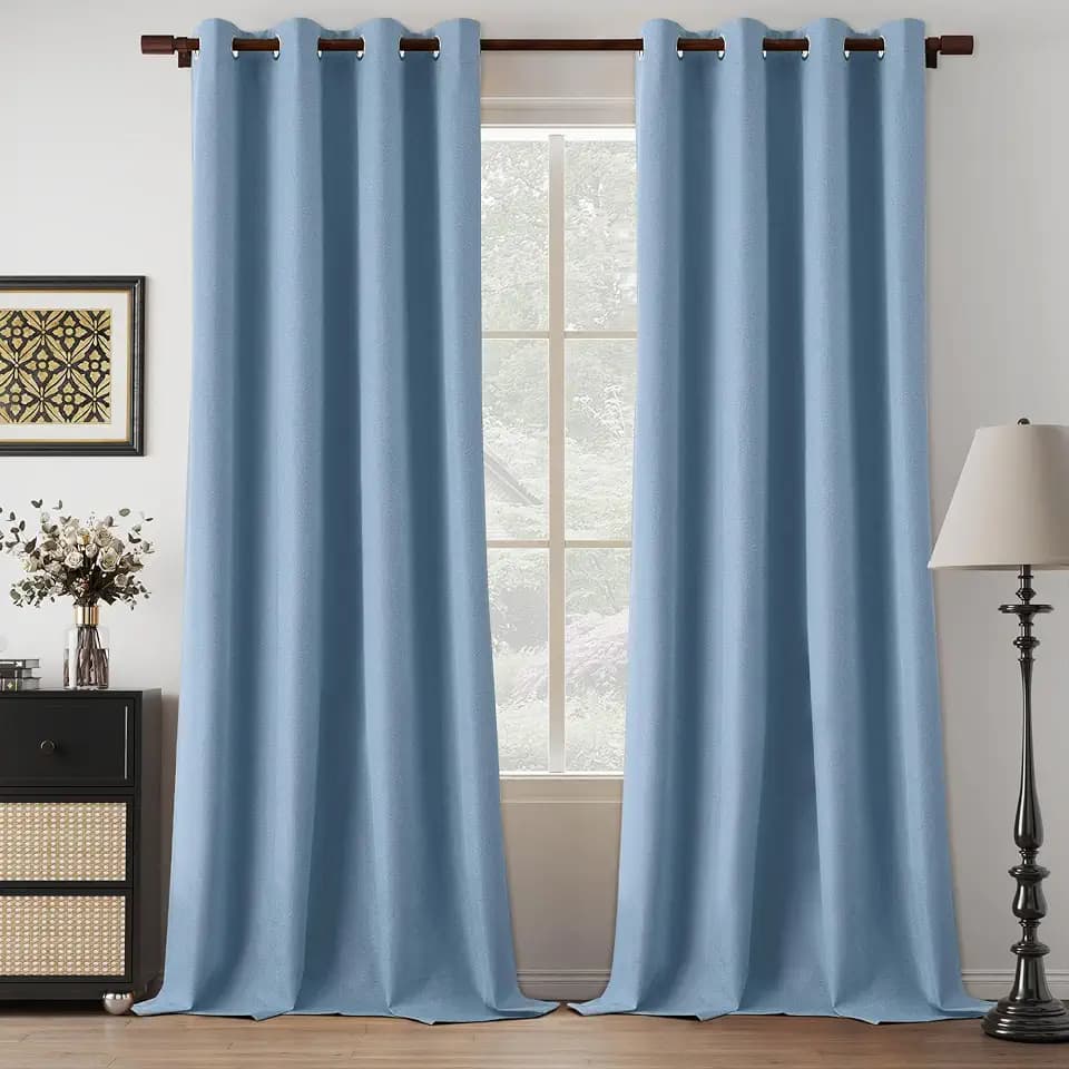 Total Blackout 132 Inch Dusty Blue Linen Curtains 11 FT Length 2 Panels