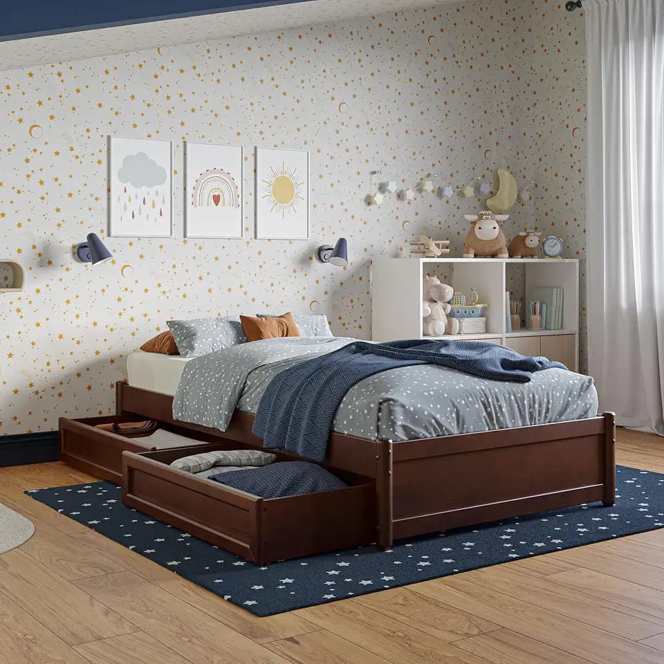 AFI, Barcelona Twin Panel Platform Bed with Storage Drawers, Walnut