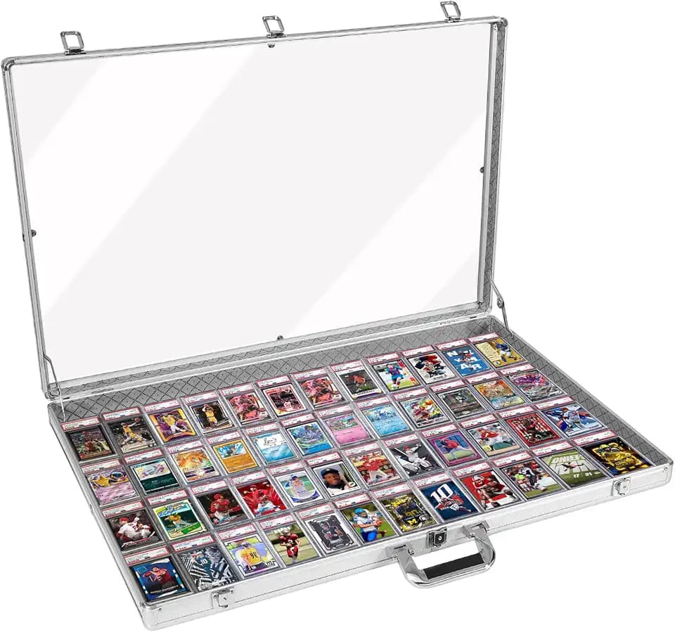 Aluminum Sports Card Display Case for Baseball MTG Collectible Cards, 2 Pack XL Large Table Top Trade Show Display Case with Lock for Graded Cards Jewelry Craft Collectibles