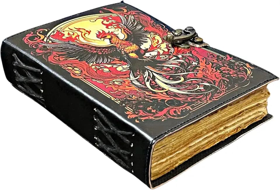 ANSAR HANDICRAFTS The Phoenix Grimoire – Handmade Leather Journal, Blank Spell Book of Shadows, Vintage Junk Journal, Gothic Sketchbook & Notebook with 200 Deckle Edge Pages – Gifts for Him & Her