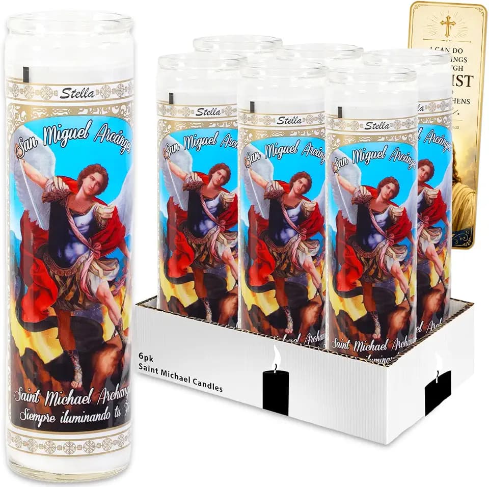 6 Pack Saint Michael The Archangel White Religious Candles - Bundle of 8" Glass Devotional Candles for Vigils, Prayers, Blessing Ceremonies, More
