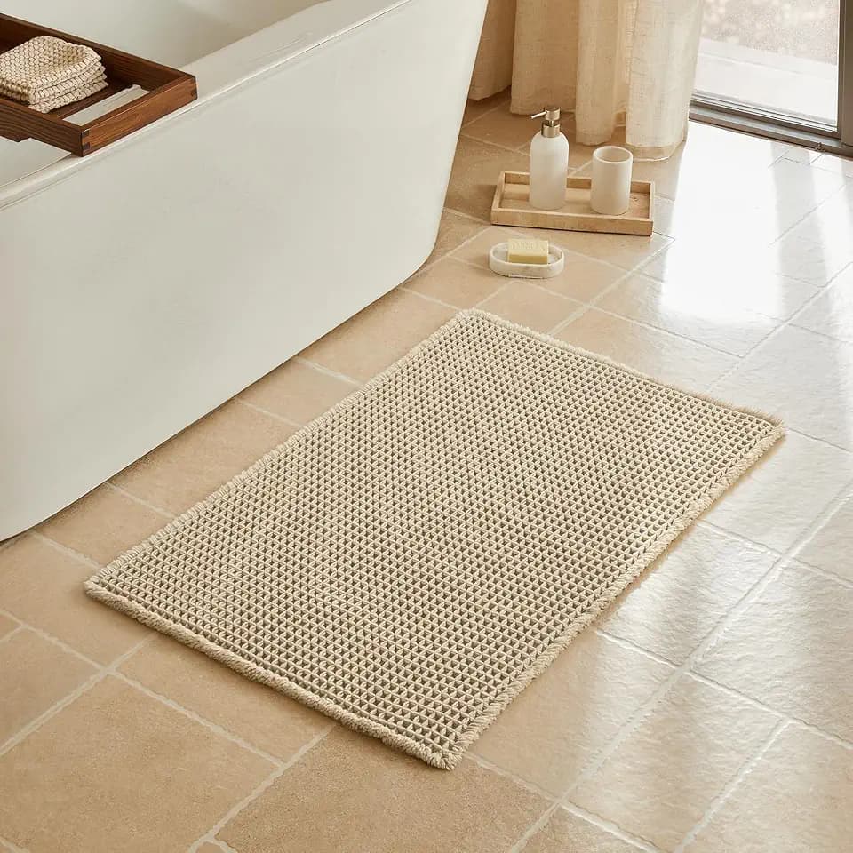 Triohero Waffle Bath Mat, Boho Bathroom Rugs Non Slip, 24x36 Pale Beige