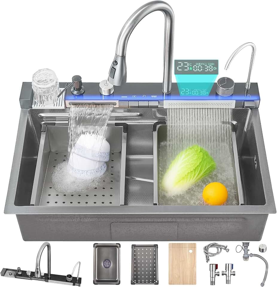 29.5 inch Smart Digital Display Waterfall Sink, 304 Stainless Steel Modern Kitchen Sink with 5 Water Outlet Modes, Waterfall Pull-Out Faucet, Cup Washers and Accessory Set