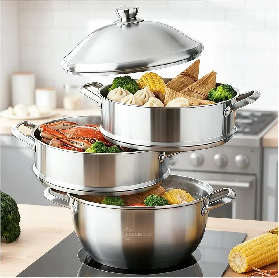 LOLYKITCH 8-Quart/ 30CM Stainless Steel Steamer Pot - 3 Tier Steamer