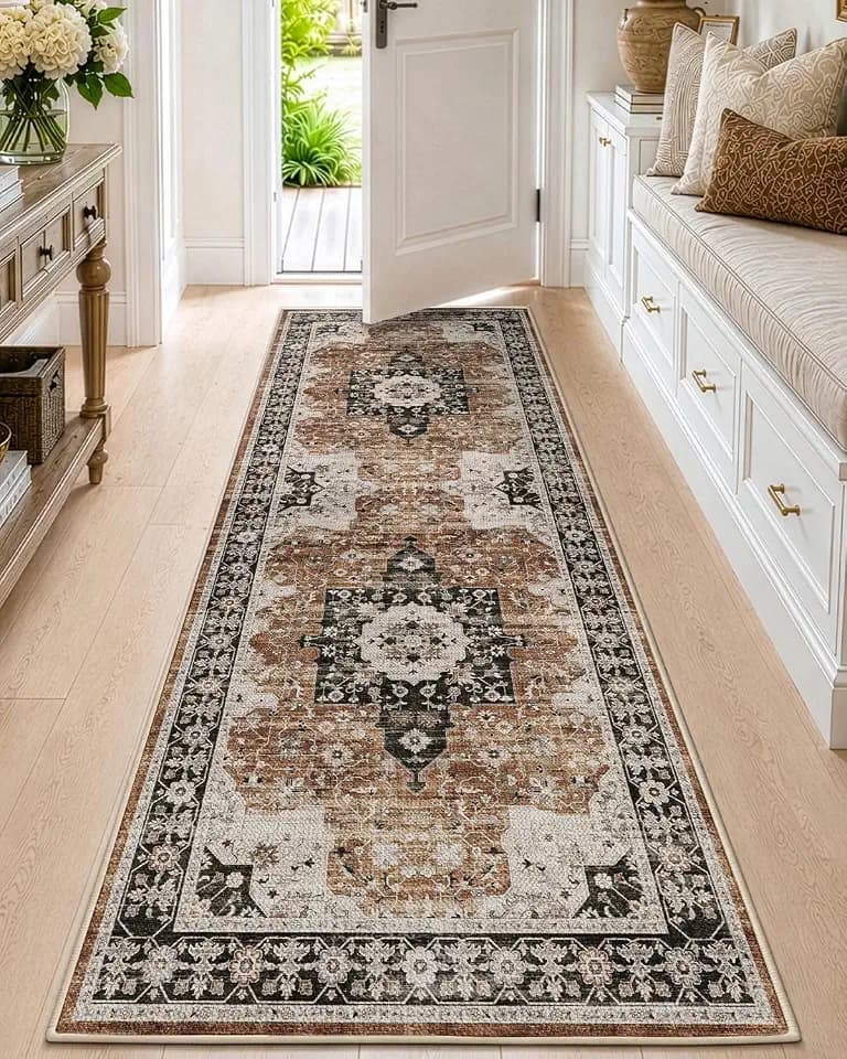 DEXI 3x8 Runner Rug for Hallway Non Slip Washable, Vintage Floral, Brown